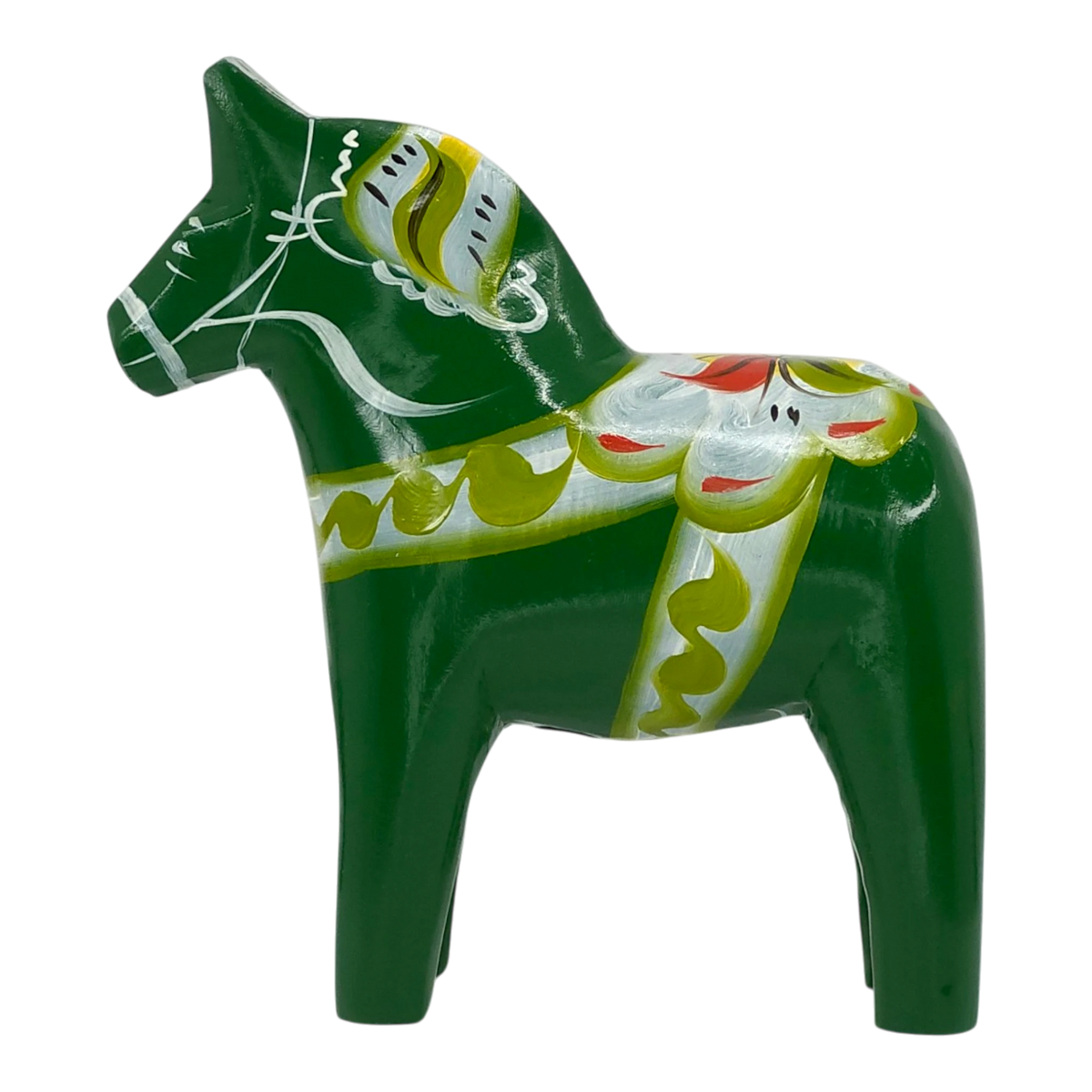 Green Swedish Dala horse made of pine wood, featuring painted white, yellow, and red decorative patterns on its body.