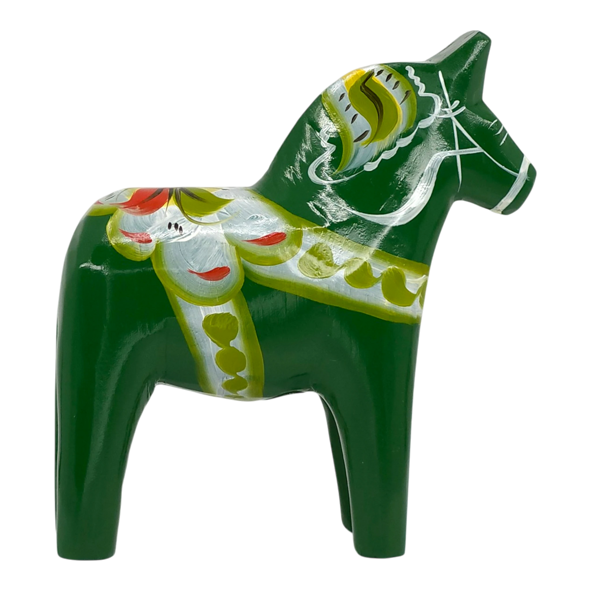 Green Swedish Dala horse carved from wood, featuring yellow, white, and red painted patterns, shown on a white background.