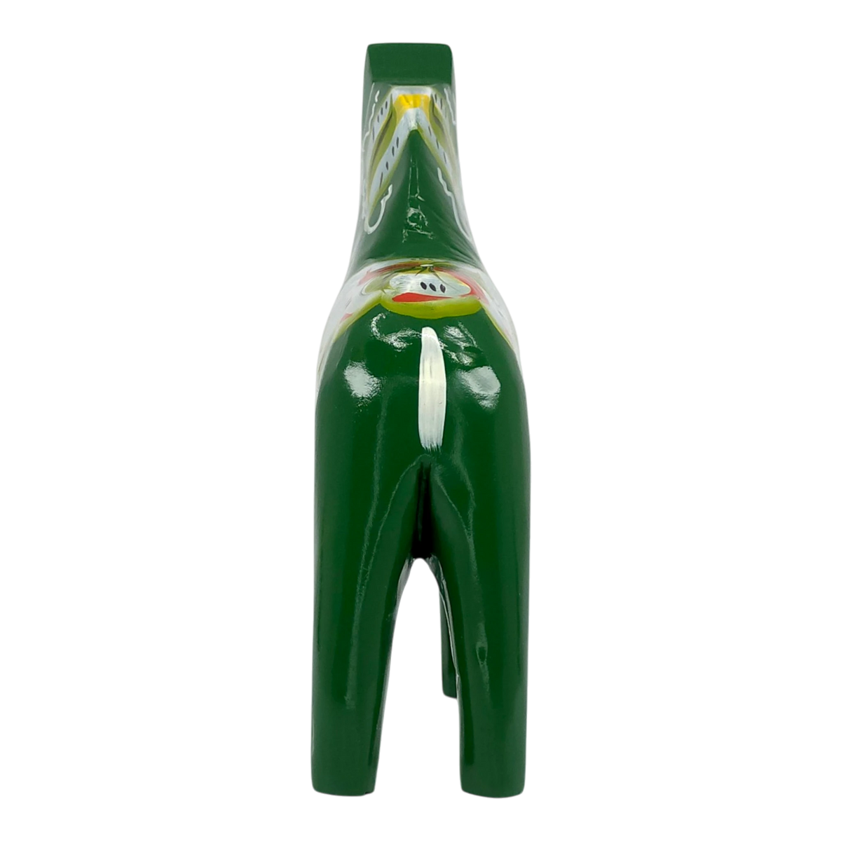 Back view of a green Swedish Dala horse figurine with painted floral patterns, carved from pine wood, set against a plain white background.
