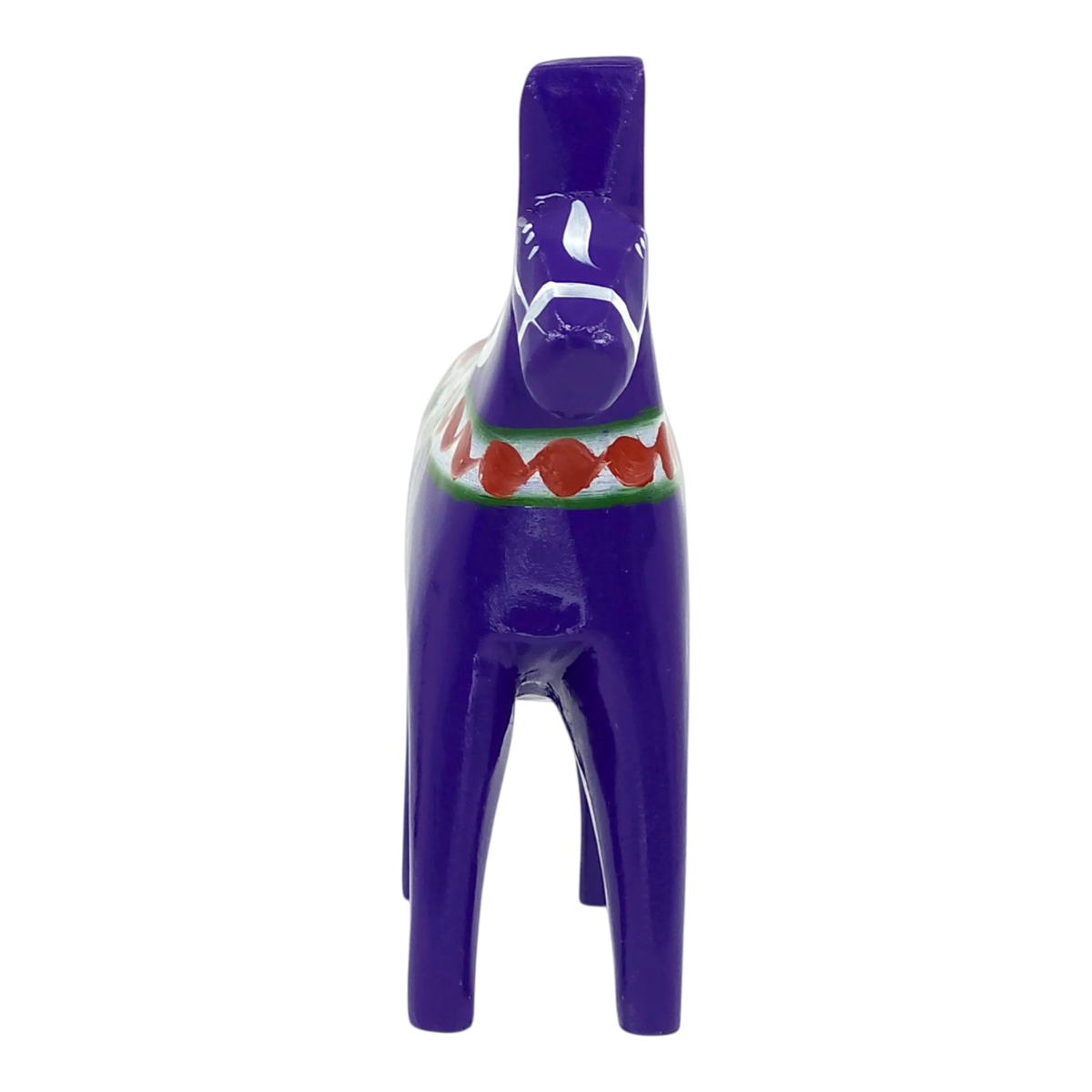 Front view of a small purple Dala horse made of wood with green and red decorative patterns around its neck.