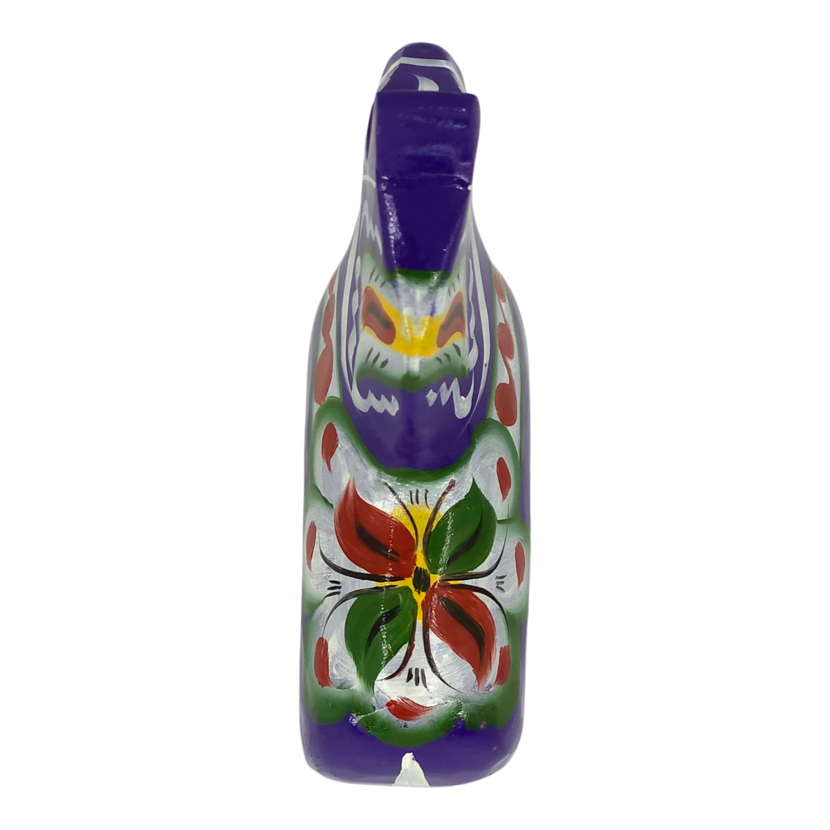 Purple Swedish Dala horse carved from wood, shown against a purple background with red, green, yellow, and white floral patterns painted on the front.