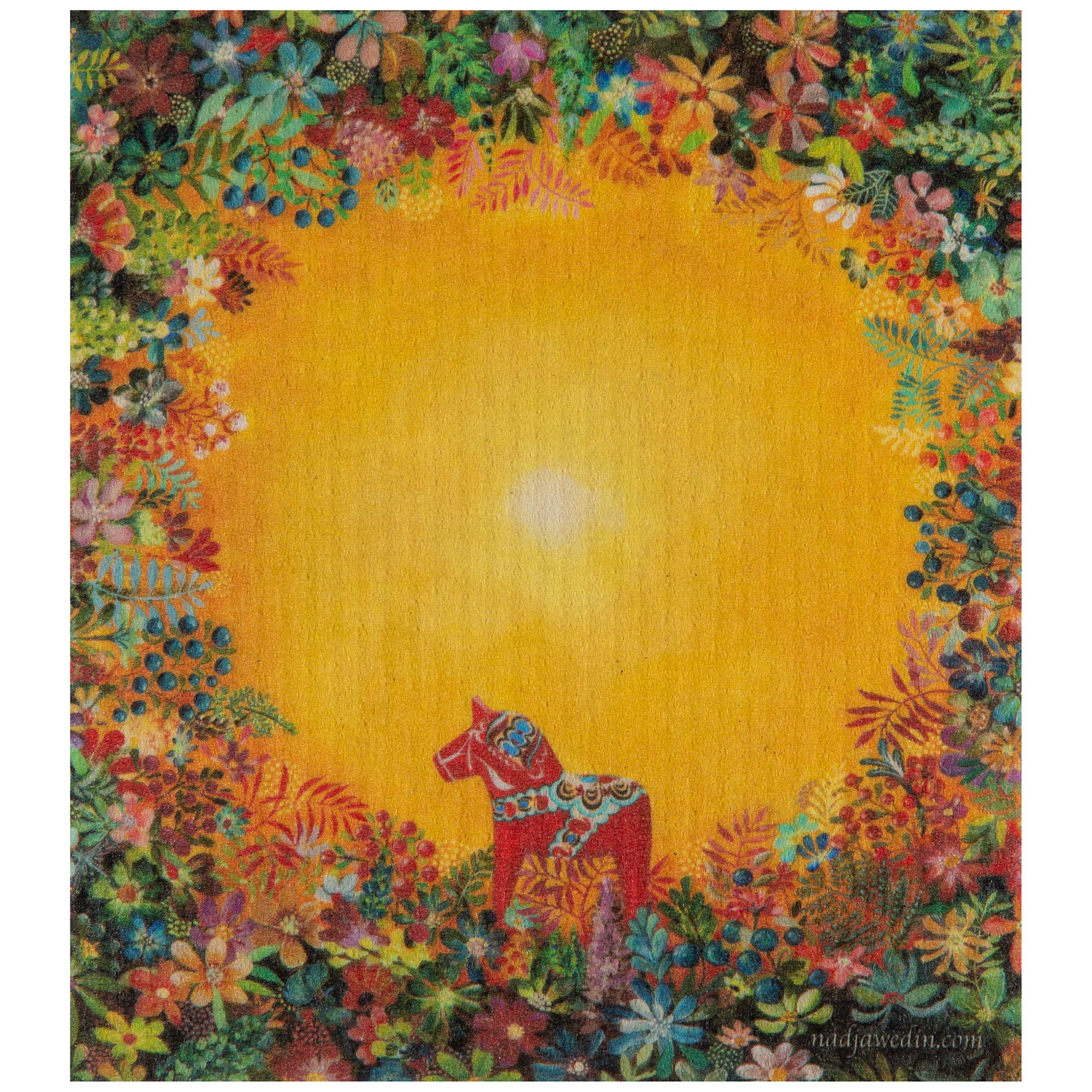 The Dish Cloth: Light of Grytnäs Dala Horse features a red decorative horse in a yellow clearing, framed by colorful flowers and leaves—beautifully printed on an ecofriendly, biodegradable cleaning cloth.