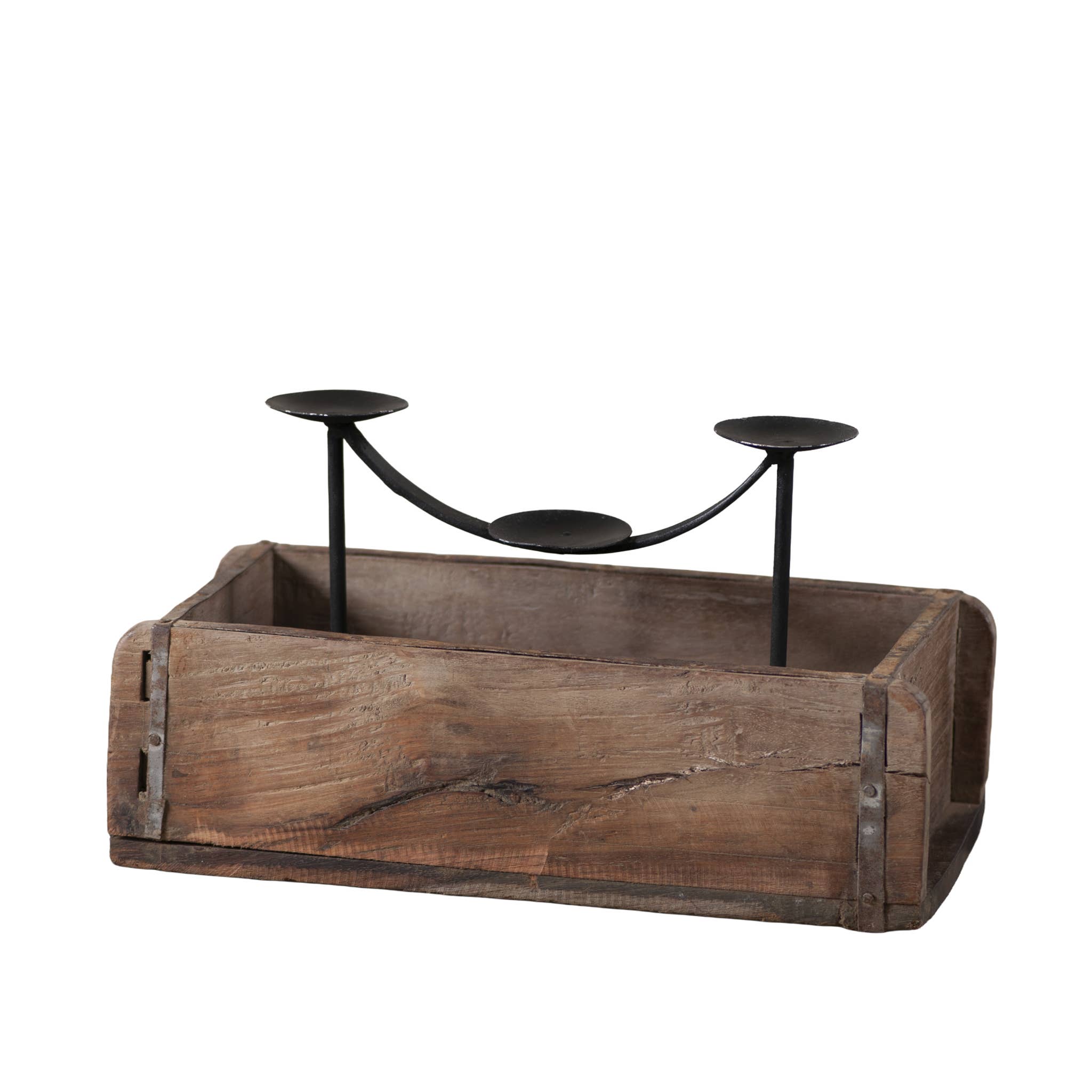 The Candle Holder: Vintage Wooden Brick Mold with Fancy Raised Ball Candle Holders is a rectangular reclaimed wood centerpiece featuring a vintage brick mold and black metal holders with three raised round platforms inside.