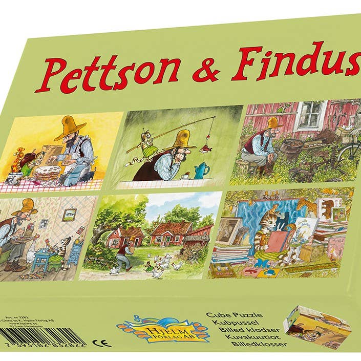 This box contains a 6-pack Pettson & Findus puzzle, featuring delightful illustrations of the beloved characters engaged in various activities and crafted from sturdy wooden blocks for endless imaginative play.