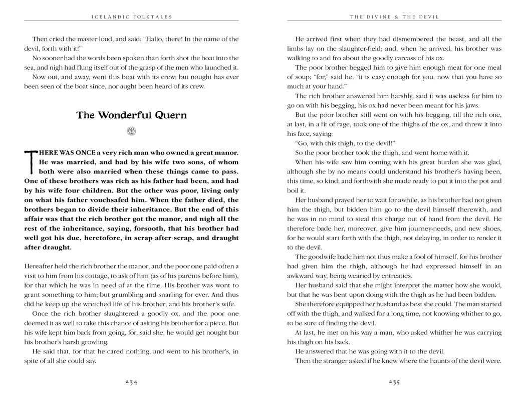 A spread from *Book: Icelandic Folktales by: UK Paperback; 256 pages* shows The Wonderful Quern story on page 254, continued on page 255, with both pages inspired by Icelandic folktales and featuring numbered footers.