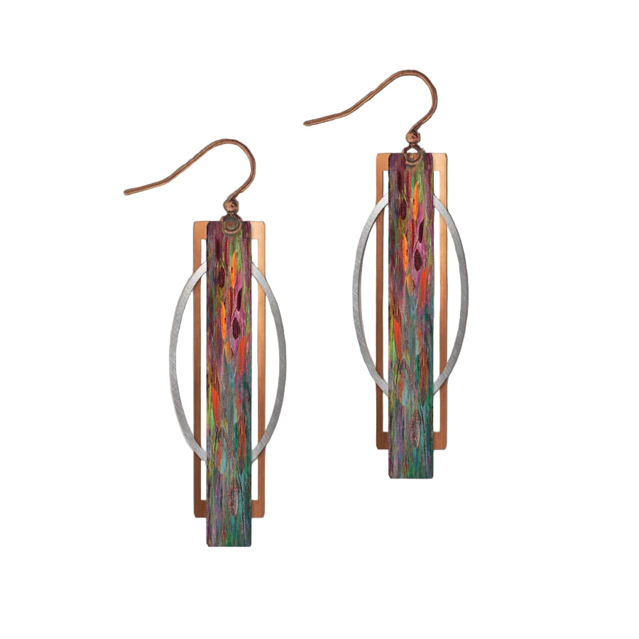 Earrings: Orange Green Geometric Multilayer Metal Accent Handmade Earrings feature colorful rectangular bars, copper rectangles, and silver oval hoops on copper hooks. Hypoallergenic design ensures comfortable wear.
