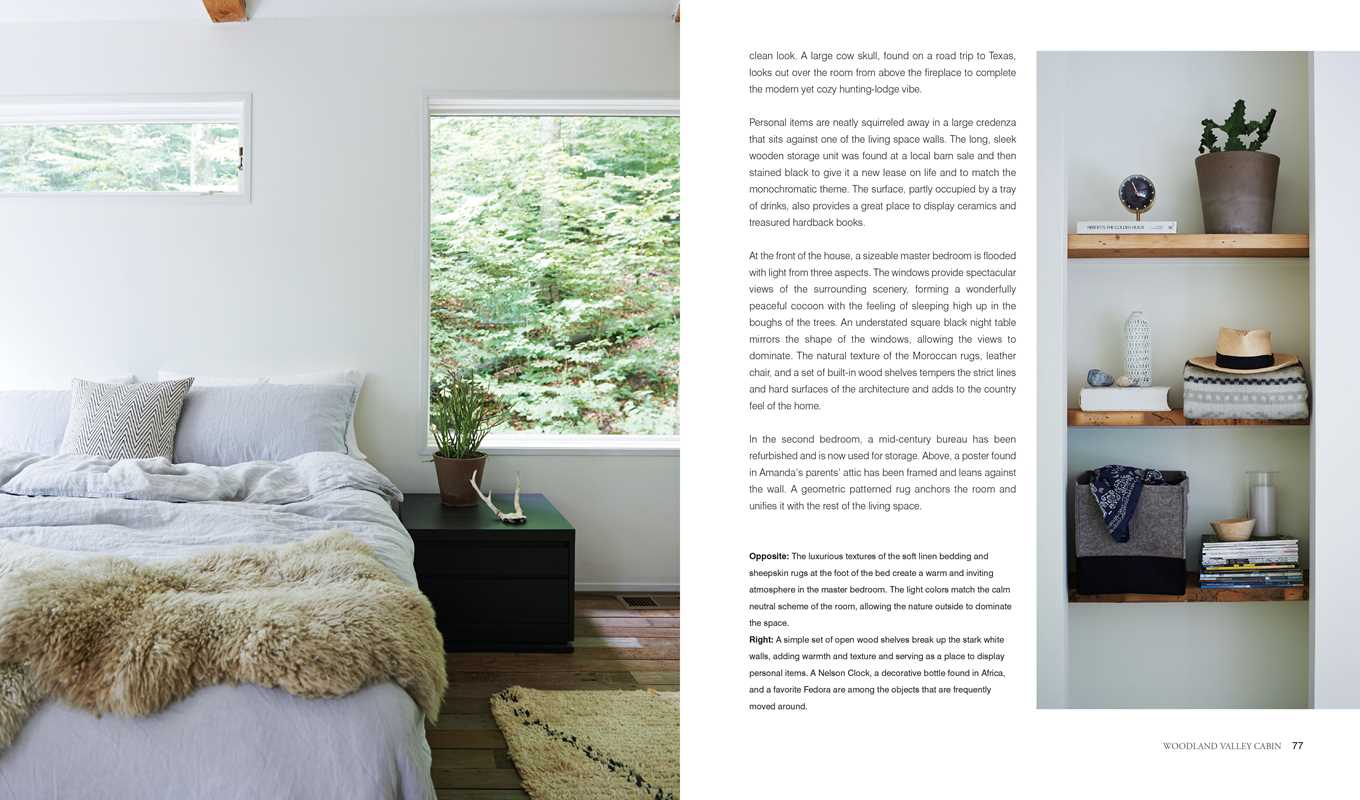 A neatly made bed sits by a window in a bright bedroom; wooden shelves hold decor against a white wall. The book Relaxed Rustic: Bring Scandinavian Tranquility & Nature into Your Home by Niki Brantmark adds to the serene, nature-inspired scene.