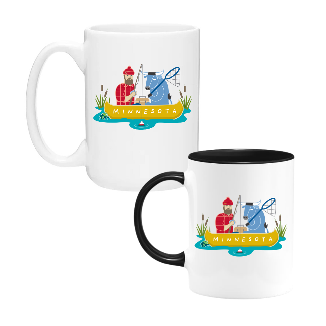 These ceramic mugs present a lively illustration by Cindy Lindgren, featuring Fishing Paul Bunyan and Babe the Blue Ox equipped with fishing gear. Each mug is marked with "Minnesota," bringing a whimsical flair to your morning routine.