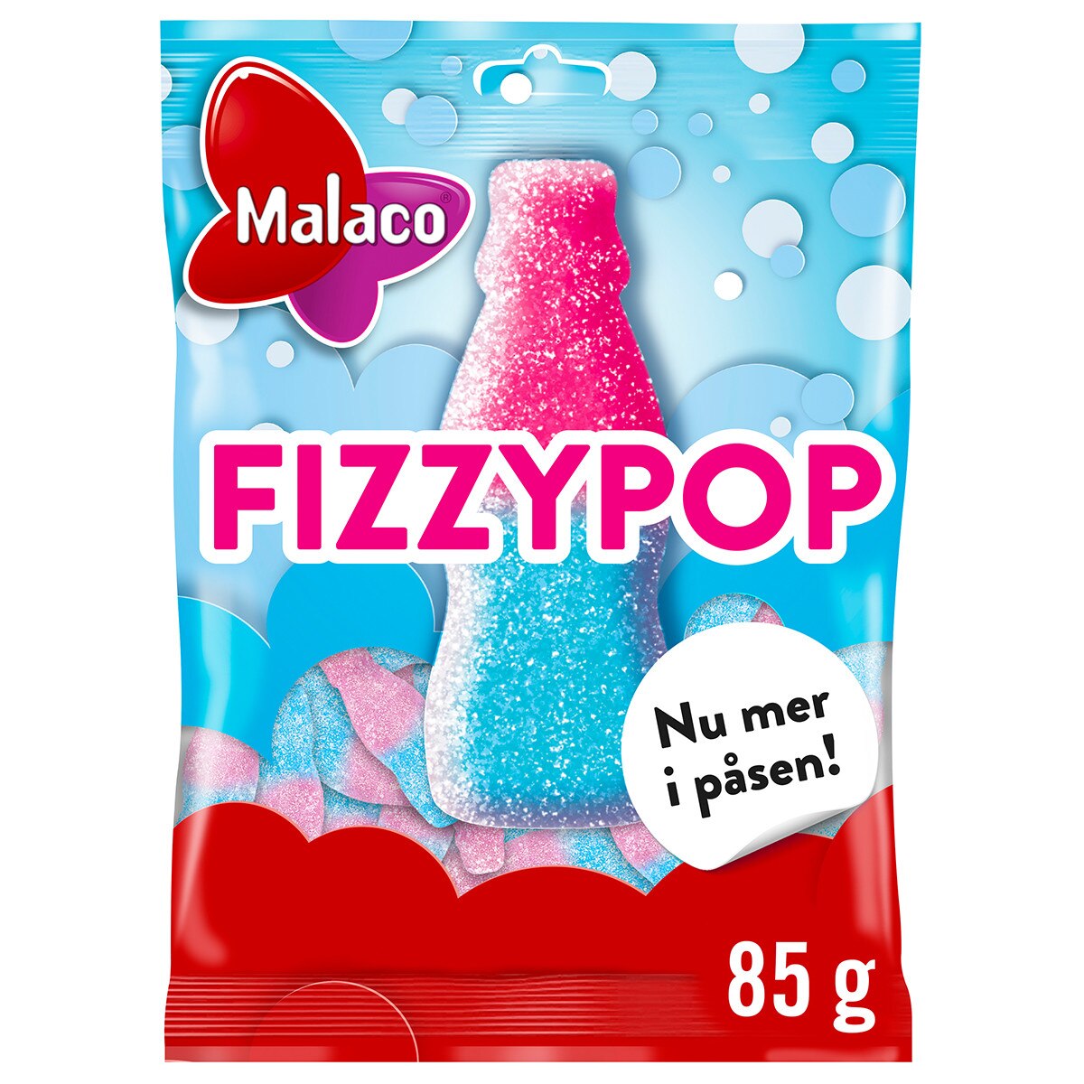 A bag of Candy: Malaco Fizzypop Sour Bottles with a large bottle-shaped candy image, blue and pink packaging, and 85g weight shown on the front—a classic Swedish treat.