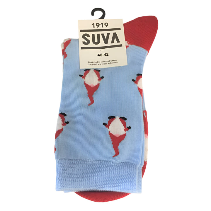 Suva 1919 Gnome Socks (size 36-38) feature a blue base, red heels and toes, and a playful pattern of dancing red and white figures inspired by Swedish folklore.