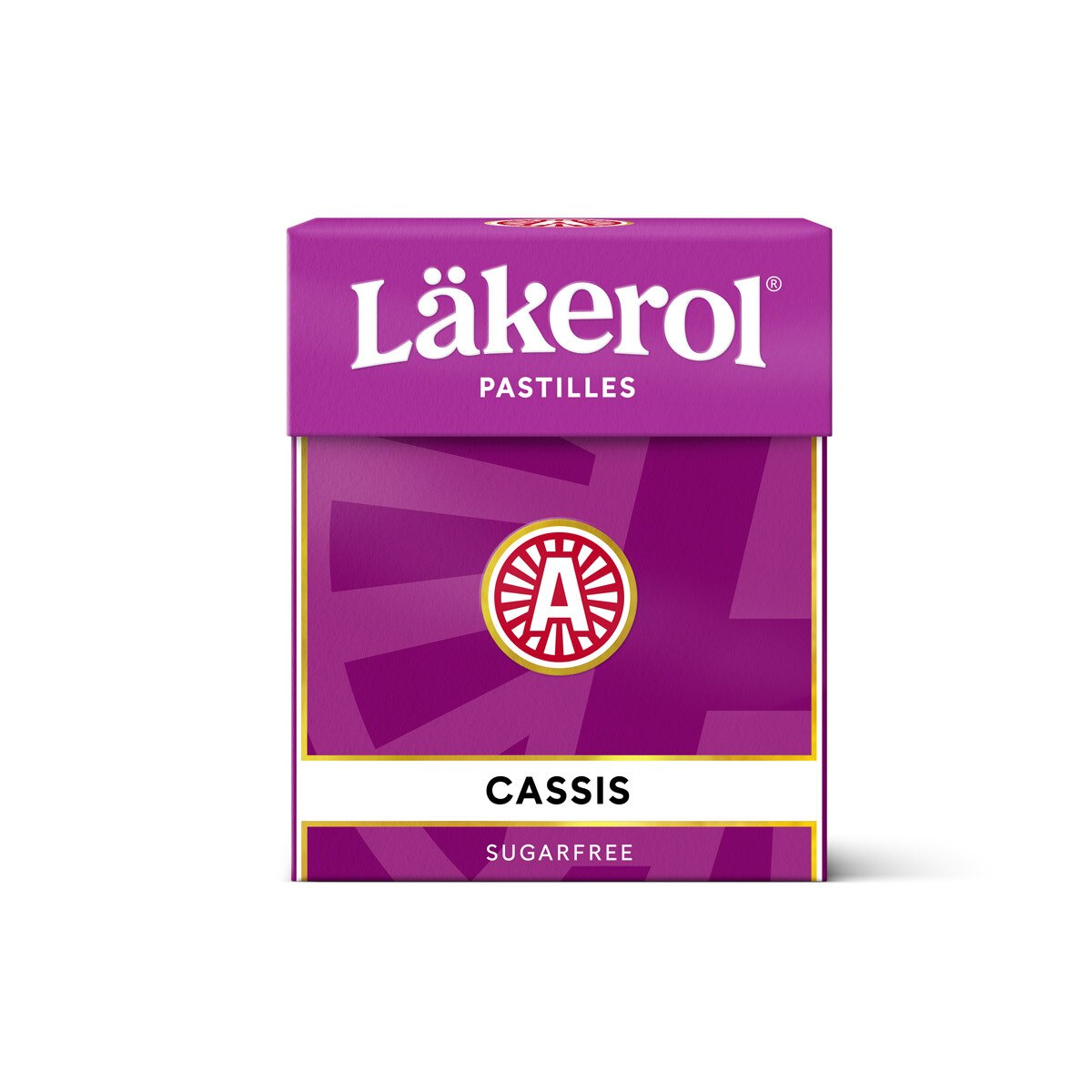 A purple box of Läkerol Pastilles - Cassis Black Currant (.88 oz), sugar free Swedish lozenges, with a red and white logo on the front.