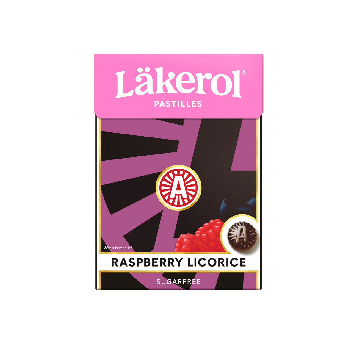 Experience the delightful blend of flavors with a box of sugar-free Läkerol Pastilles Raspberry Licorice (2.64oz), featuring a striking pink and black design.