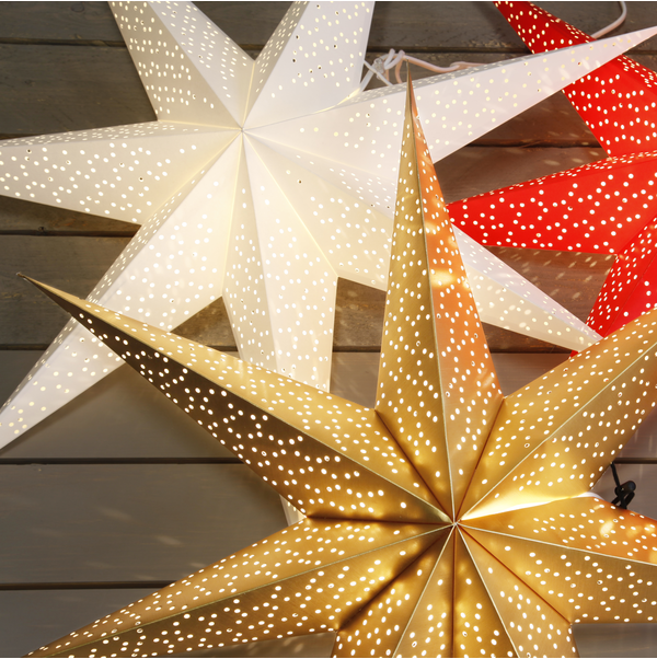 The Star Trading Paper Star 27.5" White is an illuminated decorative lantern with small perforations that let light shine through, making it perfect for adding indoor charm to any space.