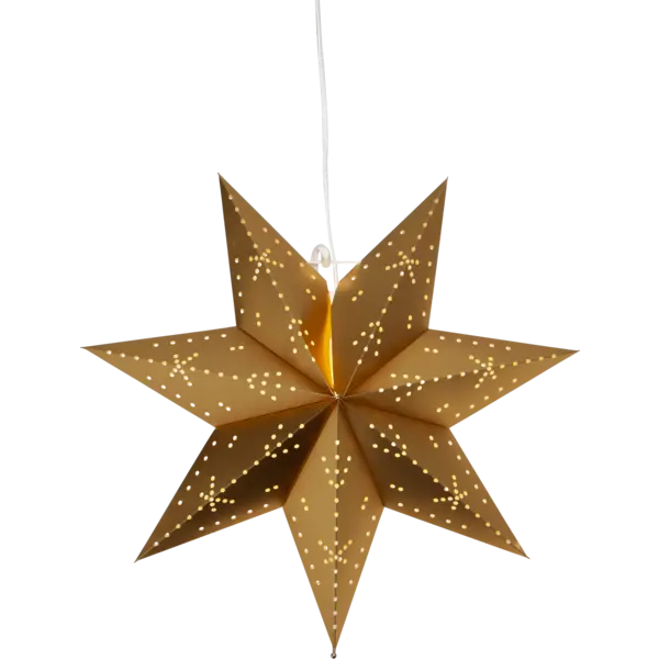The Light: Star Trading Classic Hanging Star Gold (16.5") is an eye-catching gold eight-pointed paper lantern with small perforations, hung by a white cord—perfect as a festive Christmas decoration for any space.