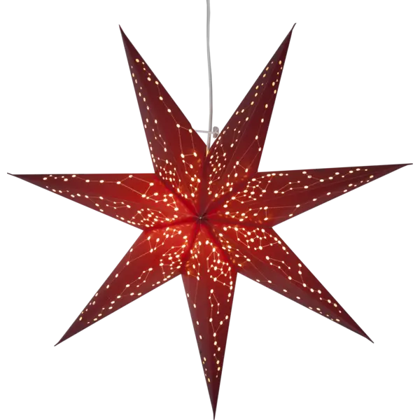 The Light: Star Trading - Paper Galaxy Star in red, featuring a star shape with white dots and an internal light, is perfect for creating a cozy atmosphere in any space. Against a white background, this decorative paper star adds charm and elegance to your décor.