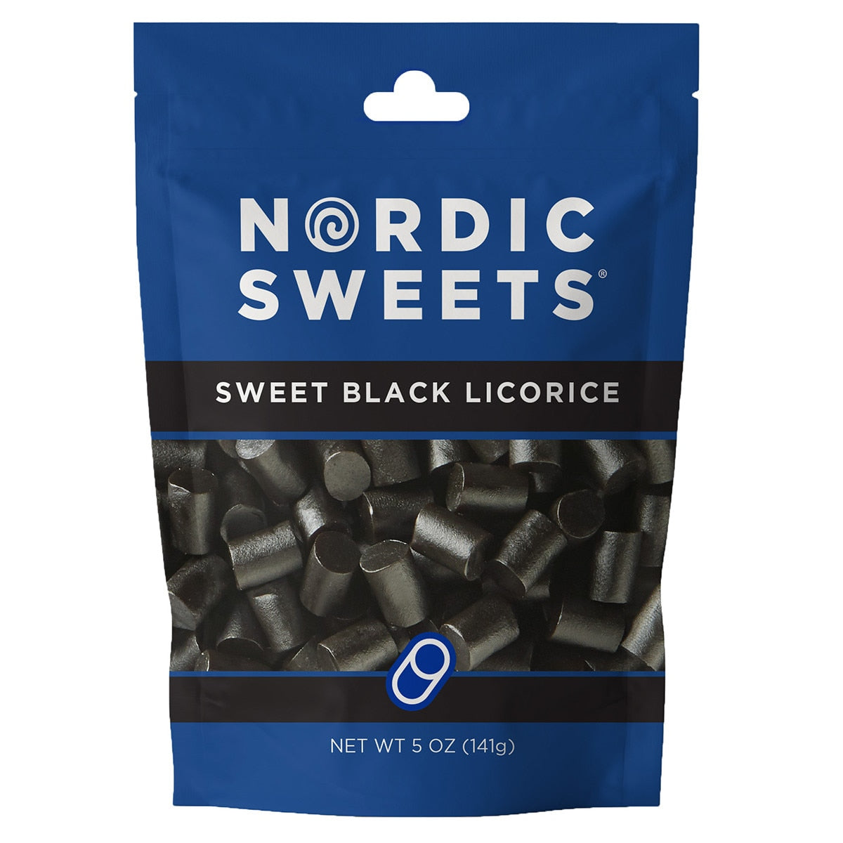 The Nordic Sweets® Sweet Black Licorice 5 oz Finnish comes in a blue resealable pouch, allowing visibility of the delicious pieces through its transparent window.