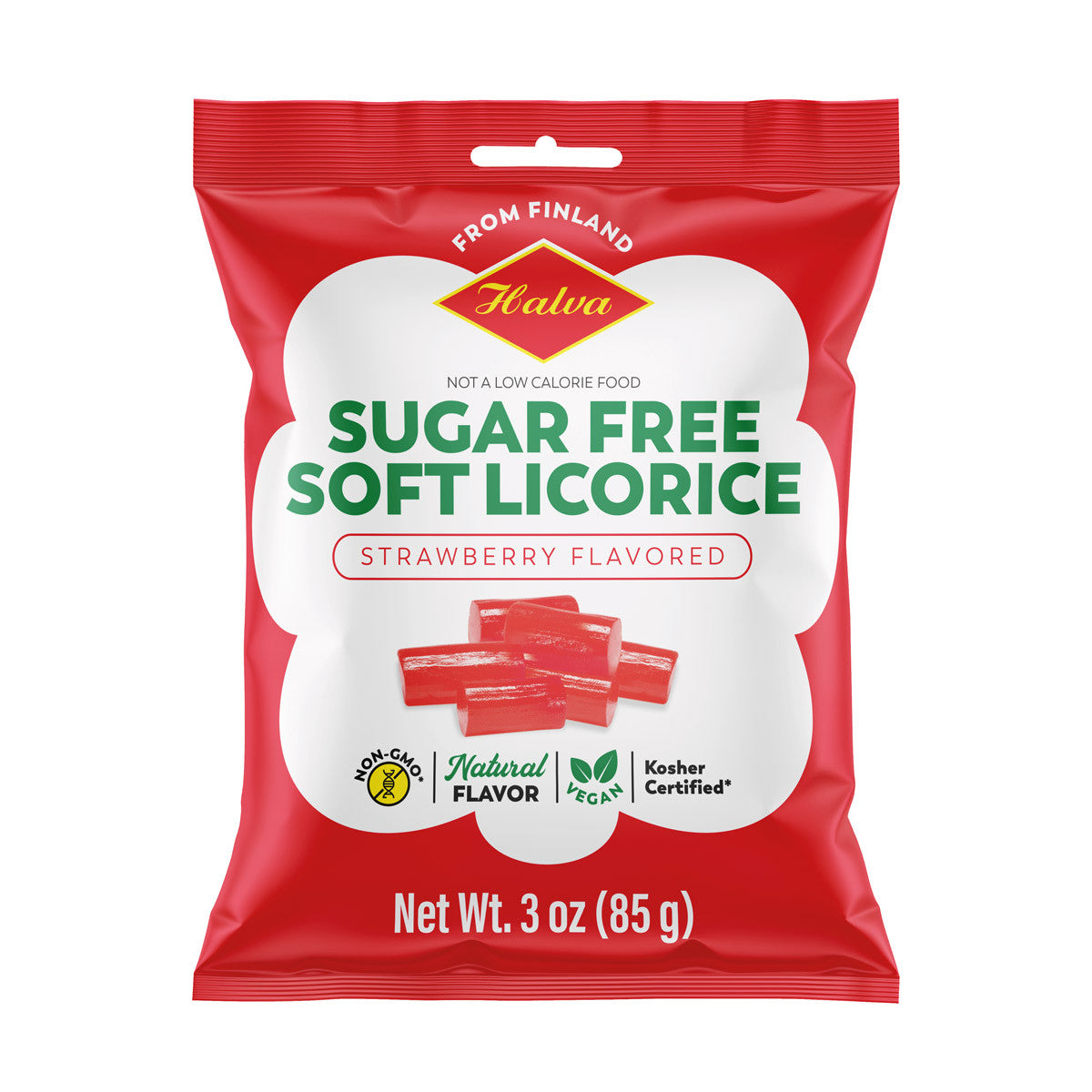 The lively red packaging of Halva's Sugar Free Soft Licorice, Strawberry Flavored (85g), offers labels highlighting its non-GMO ingredients. Enjoy its natural taste with the assurance that it's both vegan and kosher certified.
