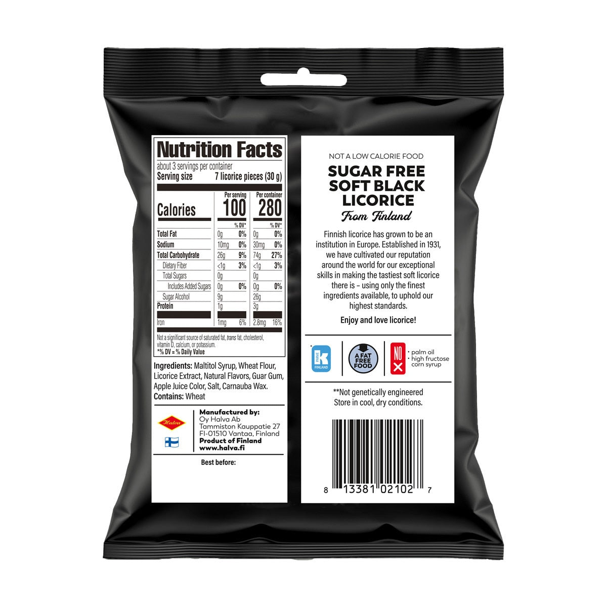 Back of a Halva candy bag showing nutrition facts, ingredients, barcode, and product details; marked as sugar-free Finnish licorice and product of Finland.