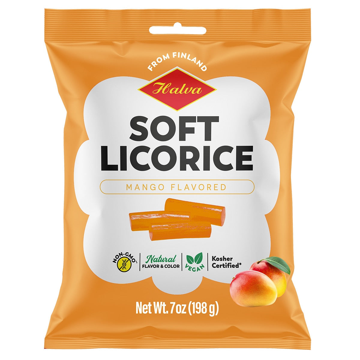 A 7oz bag of Halva Soft Licorice, Mango—Finnish-style licorice labeled non-GMO, vegan, and kosher certified; features mango images on an orange background.