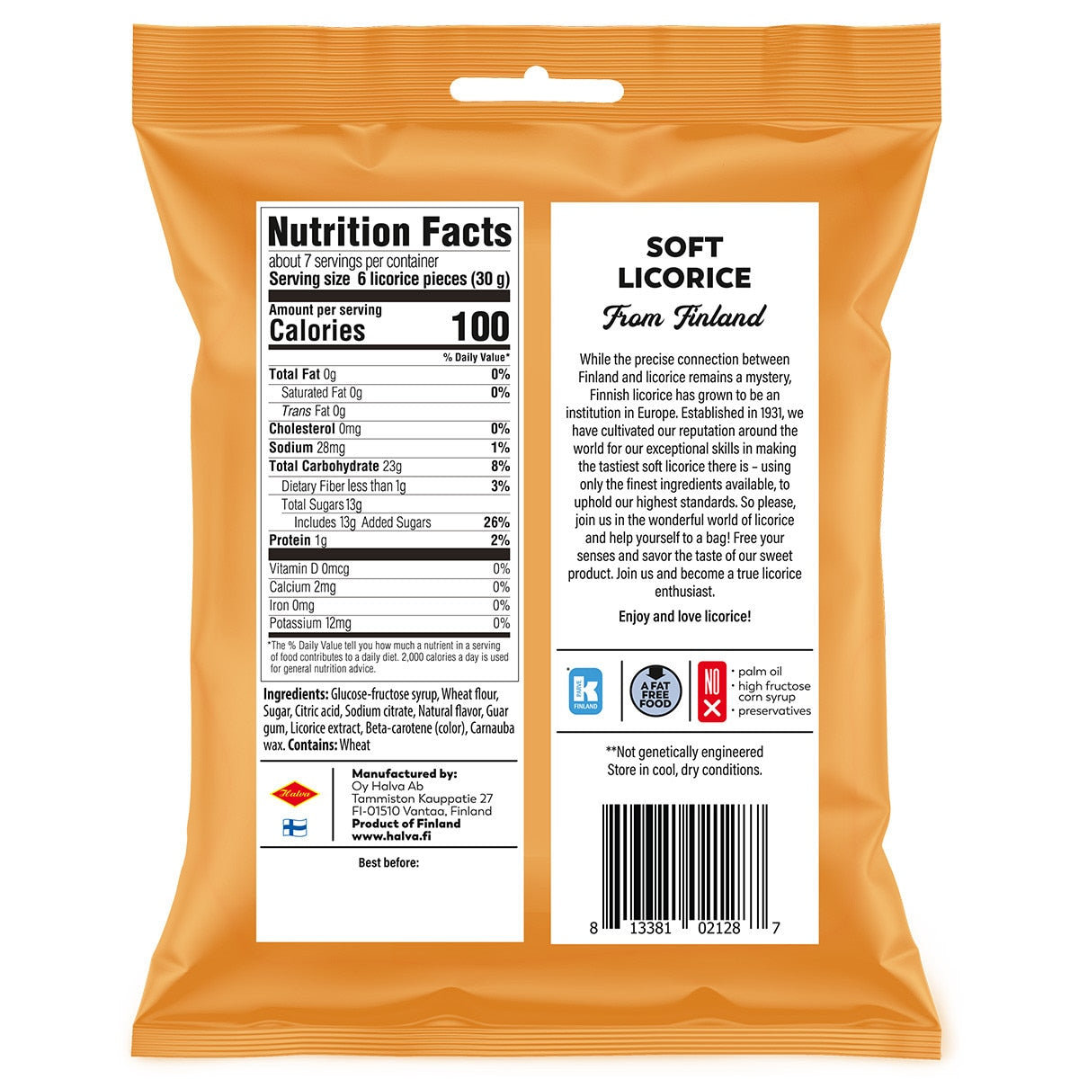 Back of a Halva Soft Licorice Mango (7oz) bag with nutrition facts, ingredients, product description, and dietary symbols on an orange background—classic Finnish licorice with a tropical mango twist.