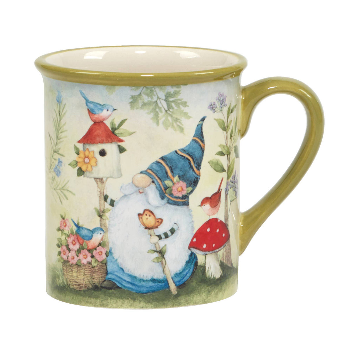 Choose from four colorful patterns with our 14 oz Garden Gnome Mug, featuring a charming gnome surrounded by birds, flowers, a mushroom, and a birdhouse in a whimsical garden scene.