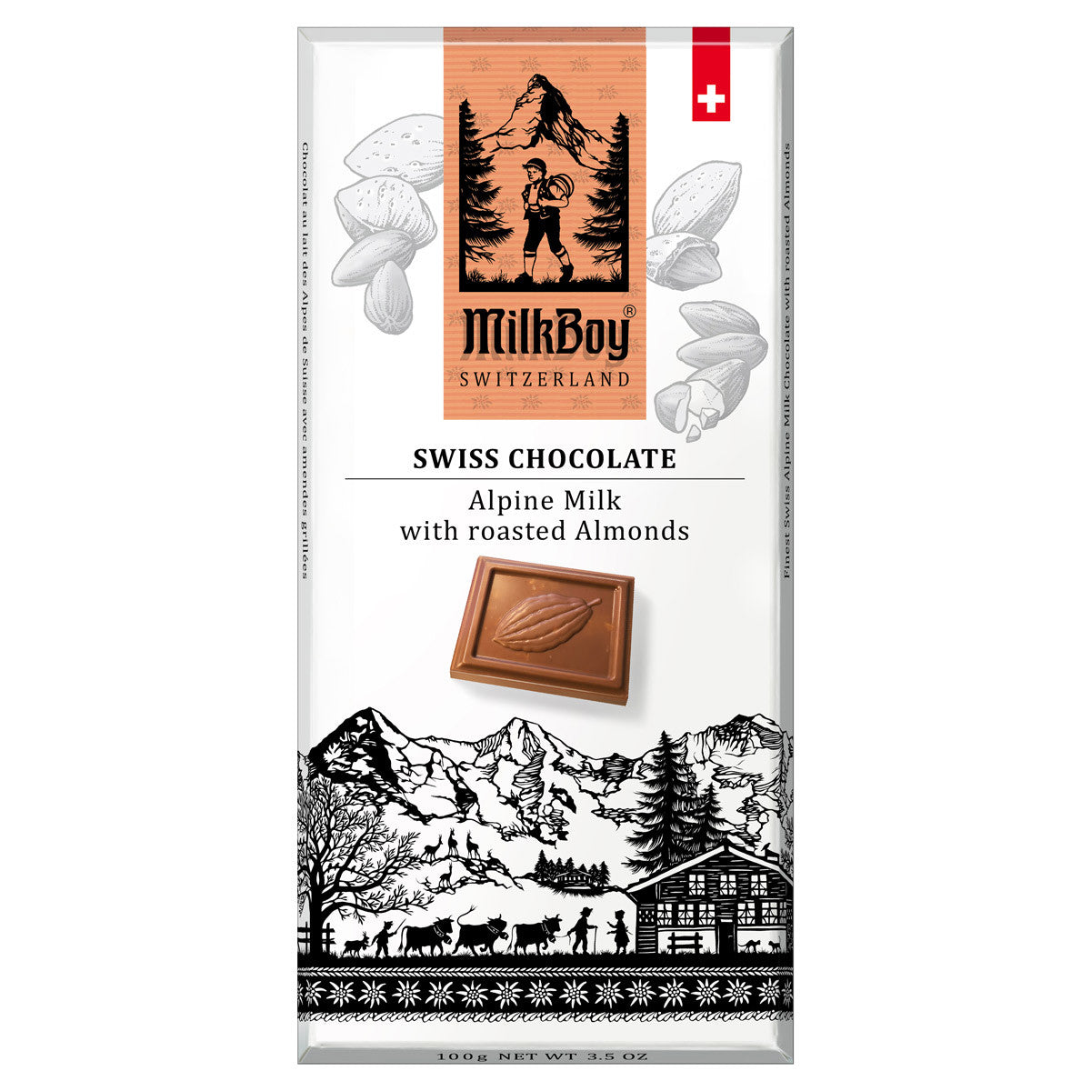 The Milkboy Swiss Alpine Chocolate Bar packaging highlights its rich alpine milk and roasted almond flavor. The design, featuring a mountain scene and Swiss flag, emphasizes this gluten-free delight in an 85g (3 oz) masterpiece.