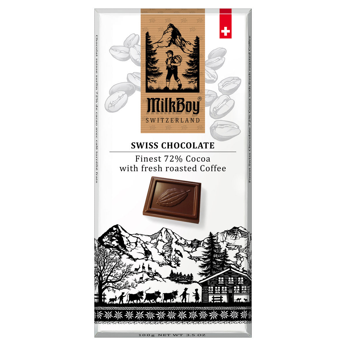 The MilkBoy Swiss Chocolate 72% Cocoa with Coffee (85g) packaging features a beautiful mountain scene, a tempting chocolate piece, aromatic coffee beans, and the Swiss flag. Its Rainforest Alliance Certified for responsible sourcing.