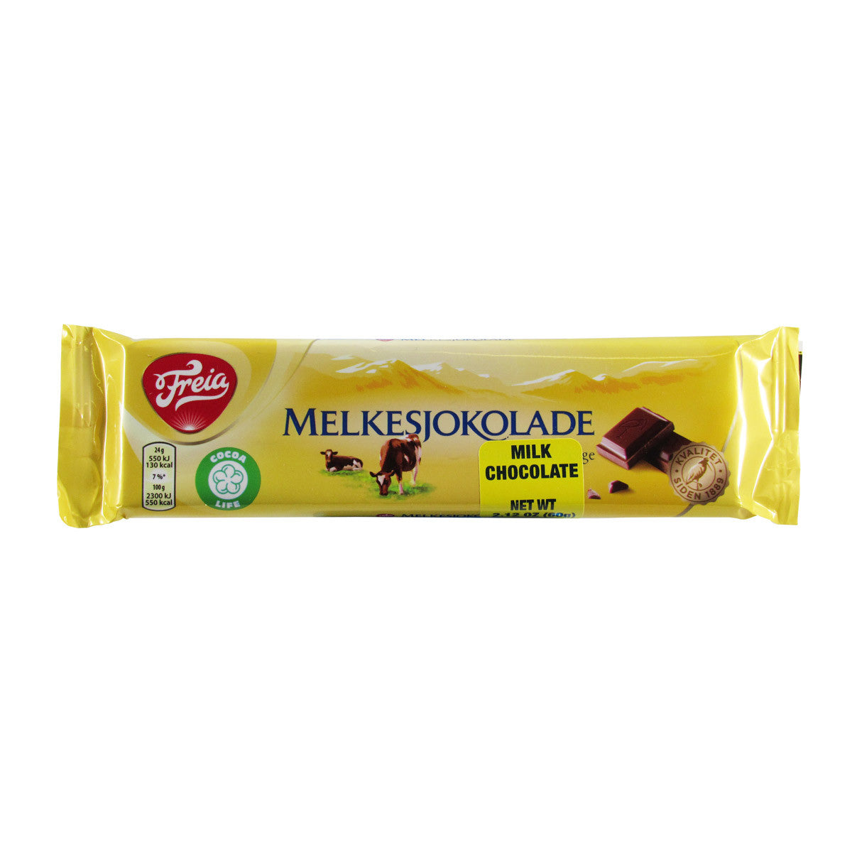 Freia - Melkesjokolade Milk Chocolate Bar (60g), a delightful Norwegian chocolate, is encased in vibrant yellow packaging featuring a charming cow illustration and tempting pieces of delicious Oslo Milk Chocolate.