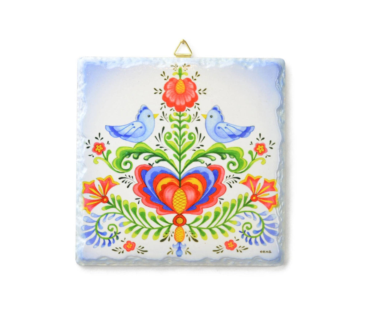 Tile: Scandinavian Lovebirds Folk-art Ceramic Tile Deluxe Plaque with Cork Back and Hanger 6.25"x6.25"