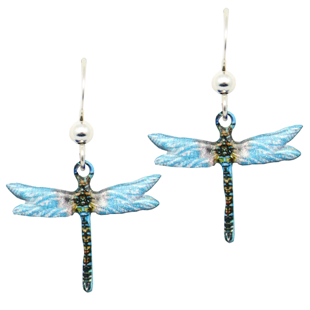 The Aqua Dragonfly Earrings feature handmade charms with pearl-like beads above each dragonfly, finished with sterling silver ear-wires.