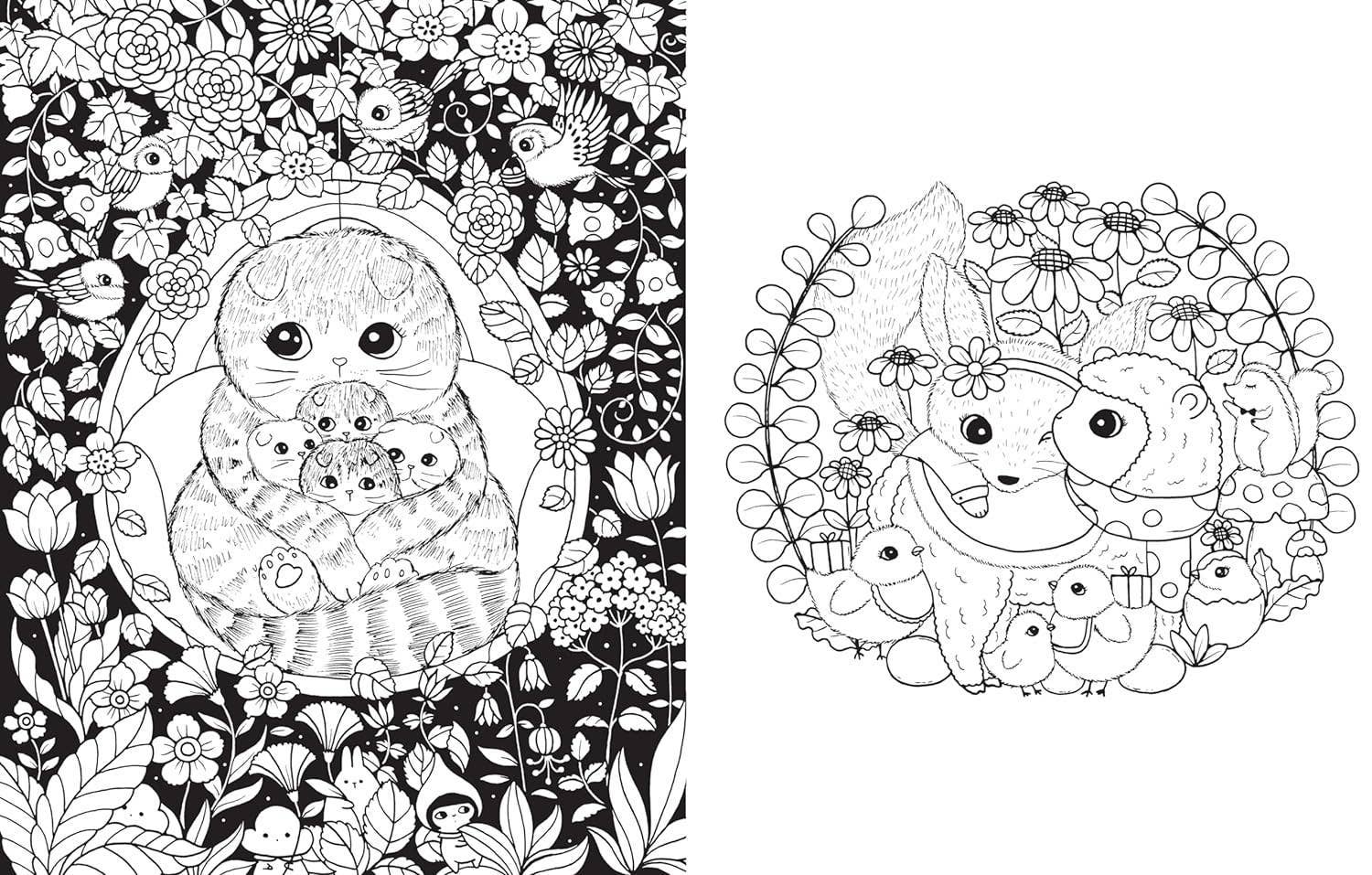 Two black-and-white coloring pages from A Million Baby Animals Coloring Book by Lulu Mayo: one shows a mother owl with owlets among flowers, the other a fox and squirrel with birds—ideal for kids and adults who love to color!.