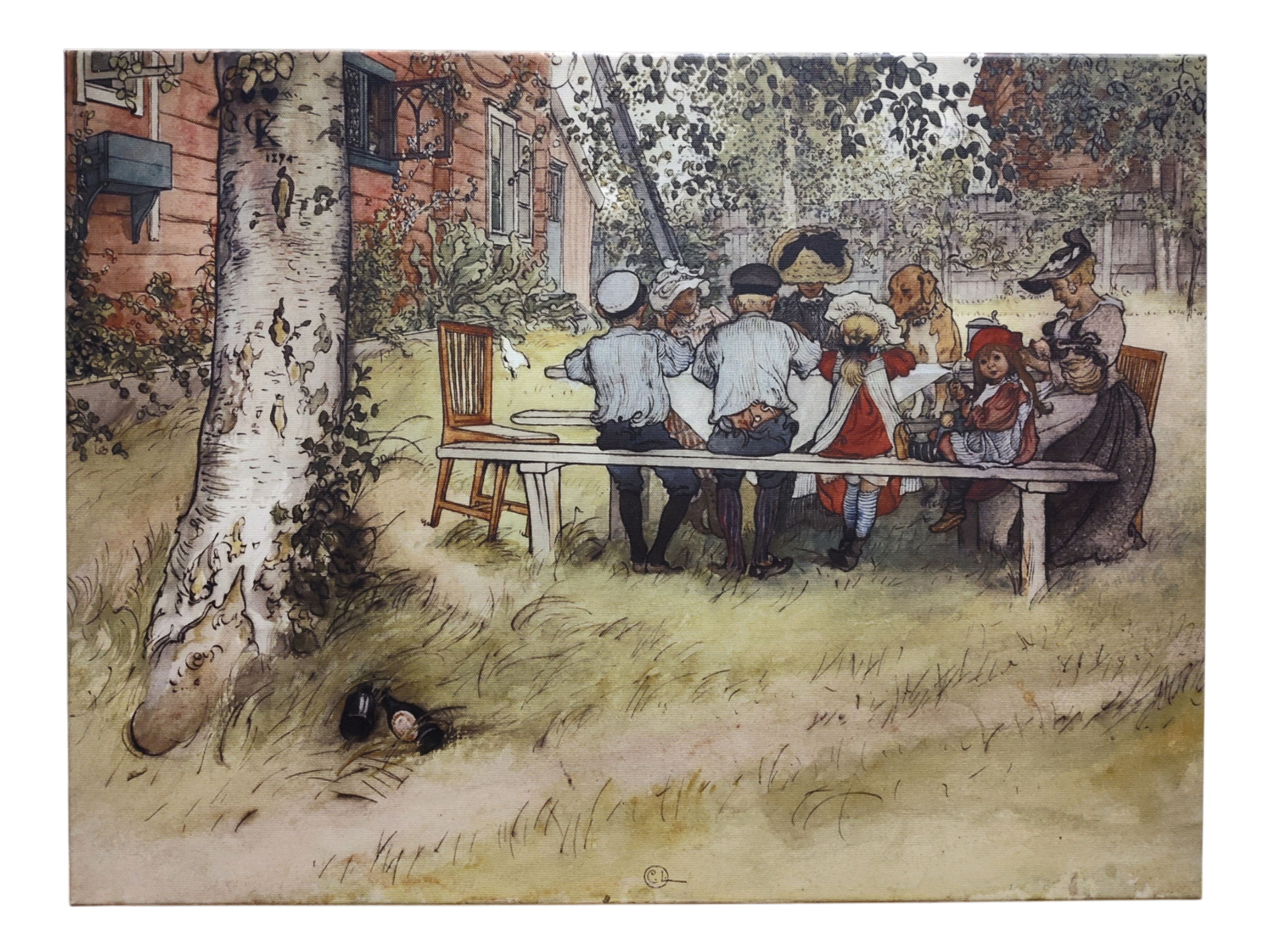 Children and a woman gather around a long outdoor table in a garden with trees, grass, and a brick building, reminiscent of the charm found in "Breakfast Under the Big Birch" by Carl Larsson (1853–1919), Print on Canvas.