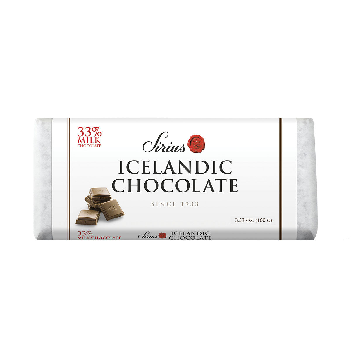 A 200g bar of Sirius Icelandic Chocolate—33% milk chocolate—Double, crafted with Bourbon vanilla for a rich taste and presented in a white wrapper.