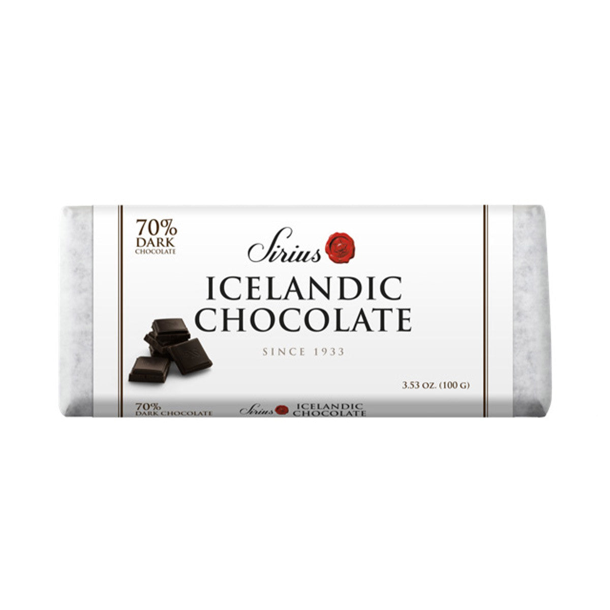 Enjoy a 100g bar of Sirius Icelandic Chocolate - 70% Dark Chocolate. The white wrapper features pieces of chocolate with black and red details, making it ideal for gourmet desserts.
