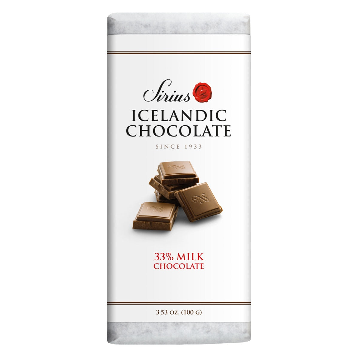 A Candy: Sirius Icelandic Chocolate - 33% Milk Chocolate - Single (100g) bar, featuring several chocolate squares on its white packaging.