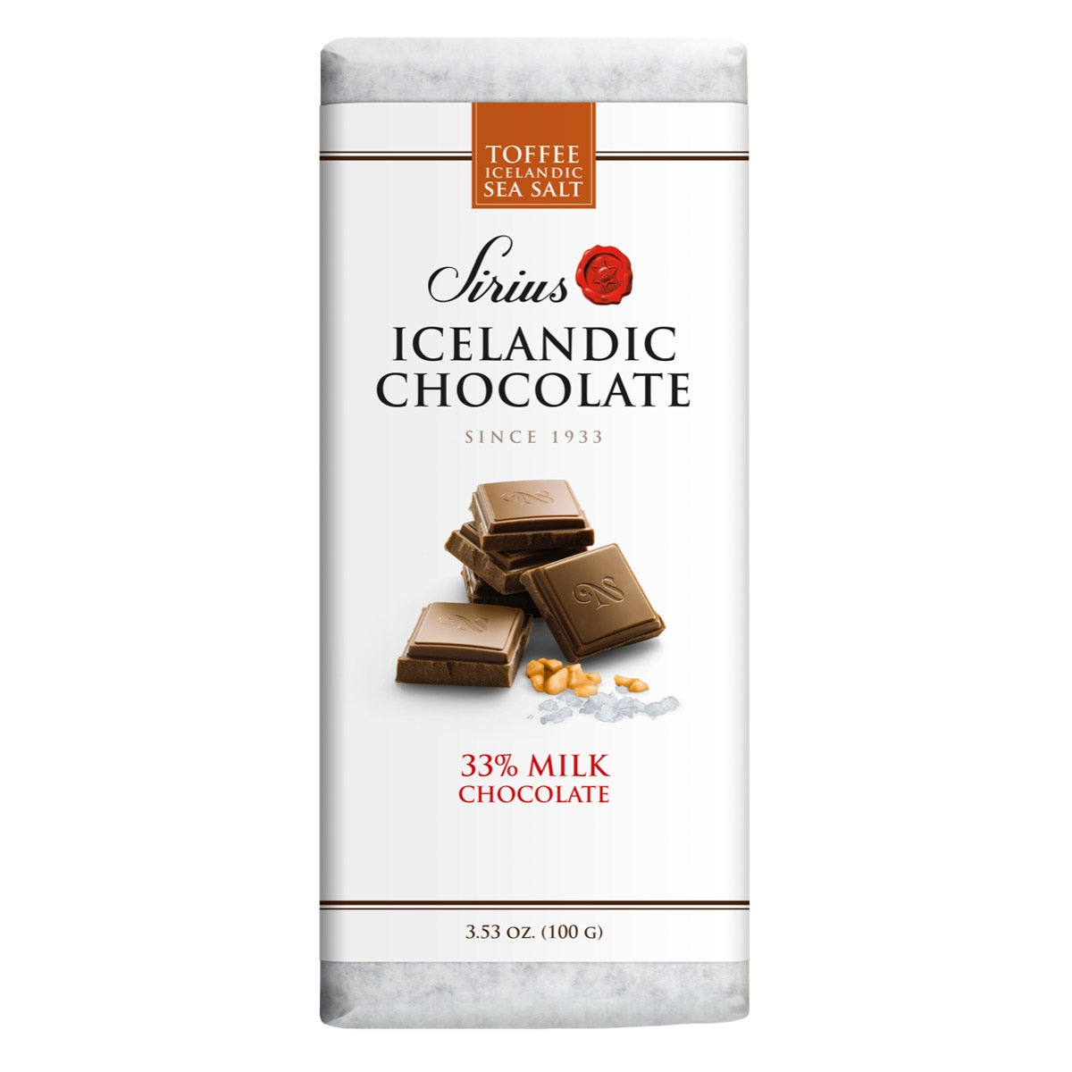 A 100g bar of Sirius Icelandic Chocolate, 33% milk chocolate with toffee and sea salt, comes in a wrapper showing chocolate squares and toffee pieces.