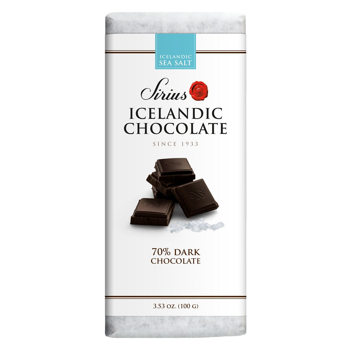 A 100g bar of Sirius Icelandic Chocolate—70% dark chocolate with sea salt—features an image of chocolate pieces and salt crystals on the wrapper.
