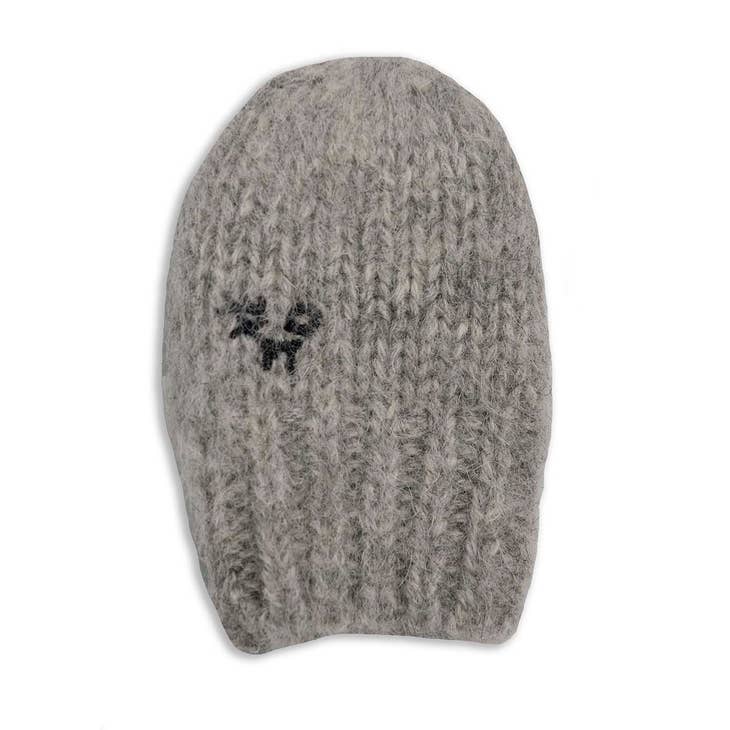 A pair of light grey knitted mittens, lovingly crafted, showcases a small black emblem on the side.