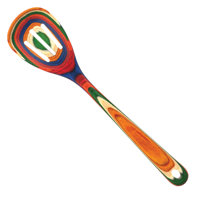 The Utensil: Marrakesh Collection Slotted Wooden Cooking Spoon showcases vibrant multicolored stripes of orange, red, blue, green, and natural wood; its non-stick safe and displayed on a clean white background.