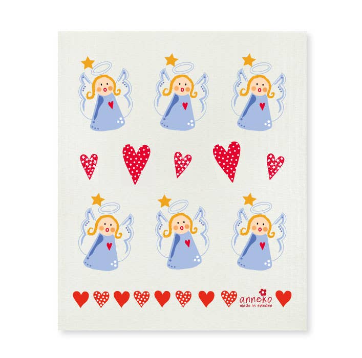 The Dishcloth: Angel Swedish Dish Cloth by Anneko Design Sweden features six angels in blue dresses with halos above red patterned hearts on a light background—an eco-friendly Swedish dishcloth.
