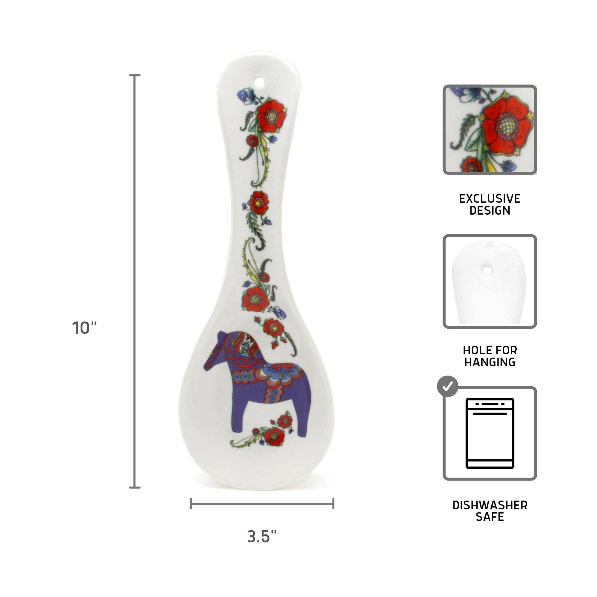The Spoon Rest: Swedish Blue Dalarna Dala Horse Ceramic Spoon Rest features a floral design with a blue Dala Horse, 10x3.5 inches, with exclusive design icon, dishwasher safe symbol, and hanging hole—ideal for Swedish kitchen décor.