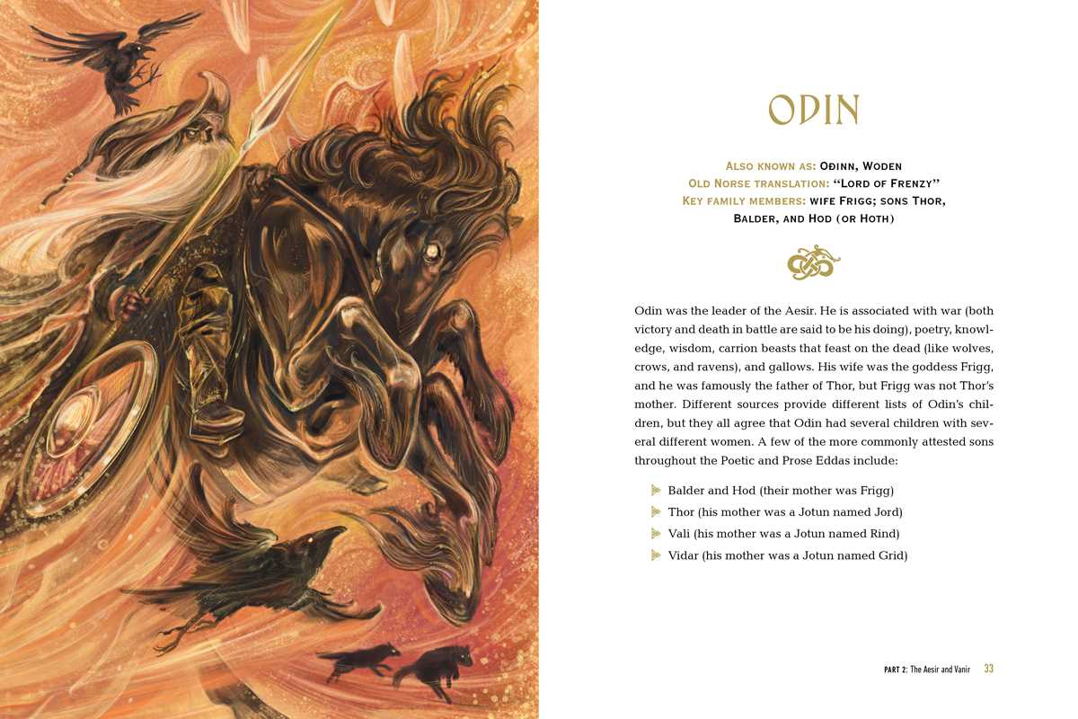 An illustration of Odin on his eight-legged horse, with wolves and ravens, appears beside text about Norse gods and goddesses in Book: Norse Mythology: The Gods, Goddesses, and Heroes Handbook by Kelsey A. Fuller-Shafer.
