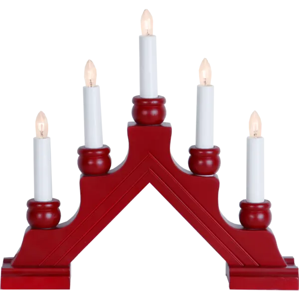 The Star Trading Karin is a red electric candelabra with five glowing white candles arranged in a stepped arch pattern.