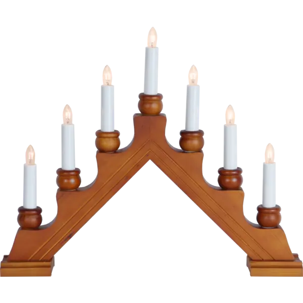The Candelabra: Star Trading - Karin Electric 7-Light is a traditional Swedish Christmas candlestick with a wooden design, featuring seven white candles in a triangular step pattern, all beautifully lit.