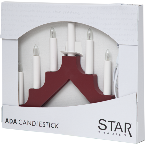 The Candelabra: Star Trading - Ada, Red, Electric 7-Light features seven white candle-shaped bulbs and comes in a display box, perfect as an indoor decorative candlestick.