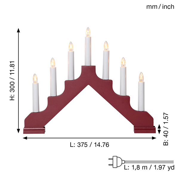 The Star Trading Ada Red Electric 7-Light Candelabra features a V-shaped design, seven white bulb candles, a 1.8-meter cord, and is perfect as an indoor decorative piece.