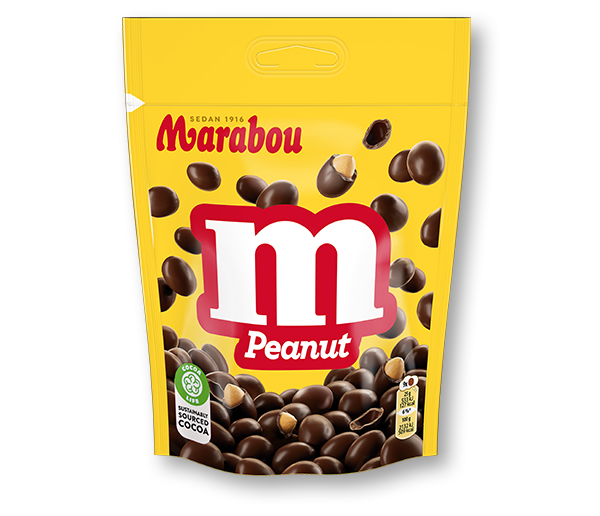 A 200g bag of Marabou M Peanut by Mondelez International Sweden, yellow with a large red and white m logo, contains milk chocolate-coated peanuts in a crispy shell and features an image of a split peanut.