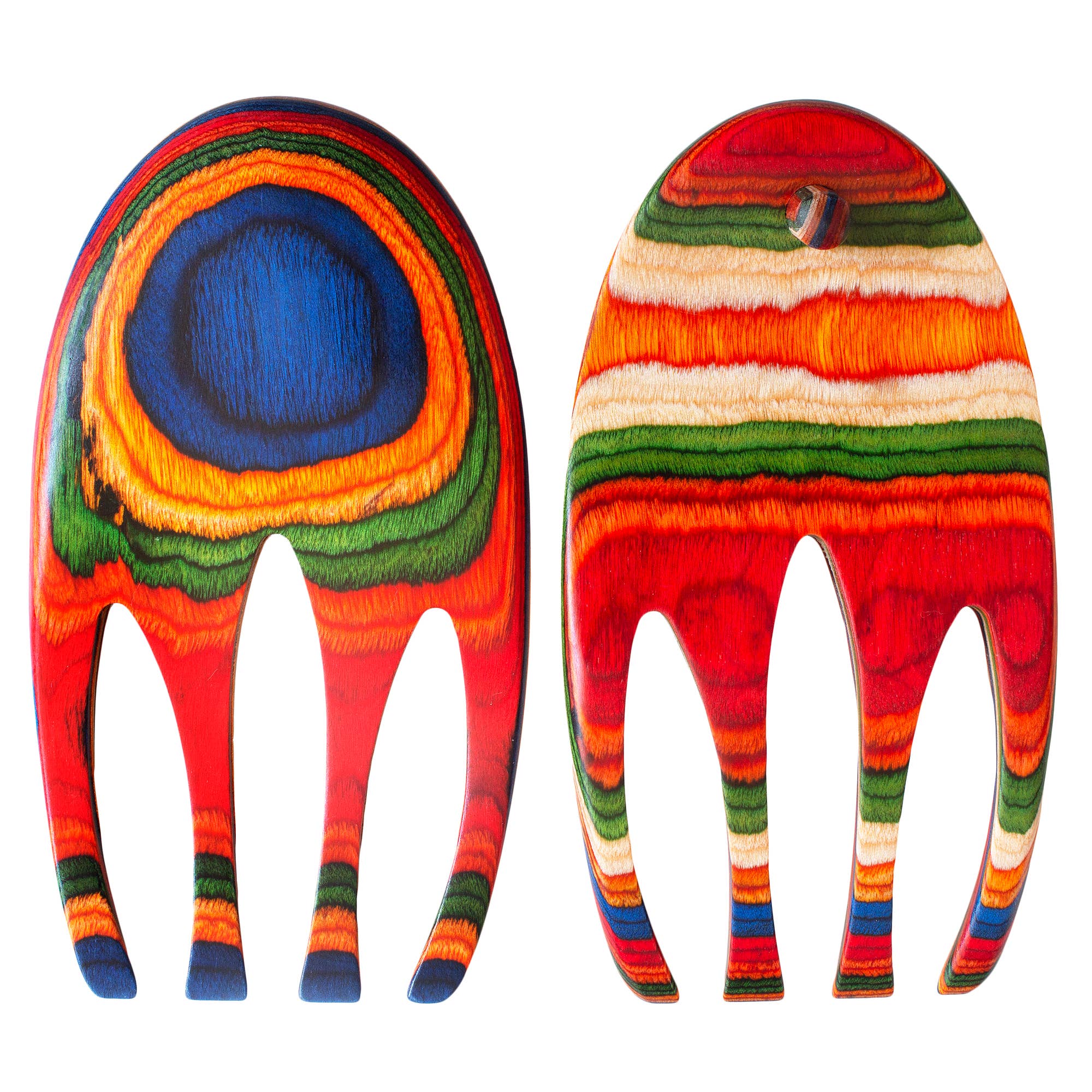 Two vibrantly colored wooden utensils known as the Marrakesh Salad Hands feature concentric patterns of red, blue, green, yellow, and orange lines on a white background.