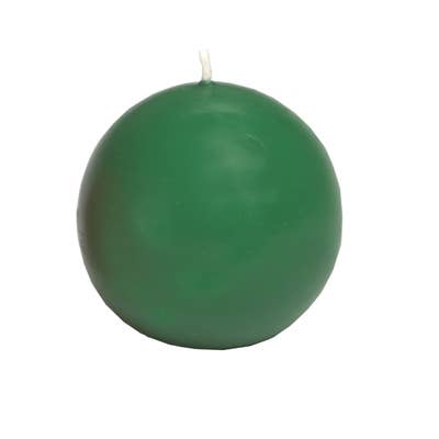 A 2.5" Pine Green Ball Candle with a white wick, shown against a plain background. Unscented and perfect for décor, this candle burns for 8 hours and adds an elegant touch to any setting.