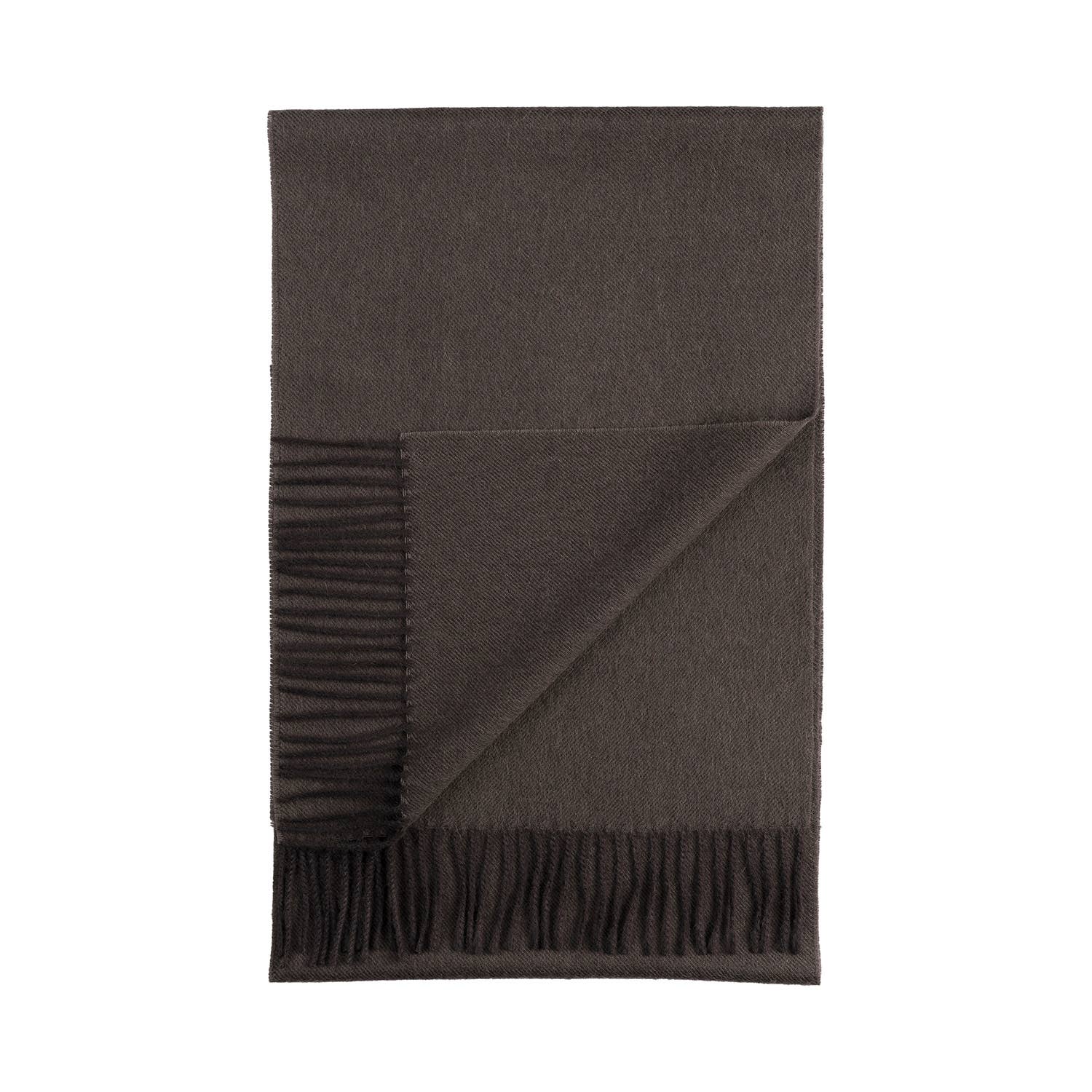 A neatly folded Truffle scarf, made from 100% baby alpaca, showcases its fringed edges on one side.